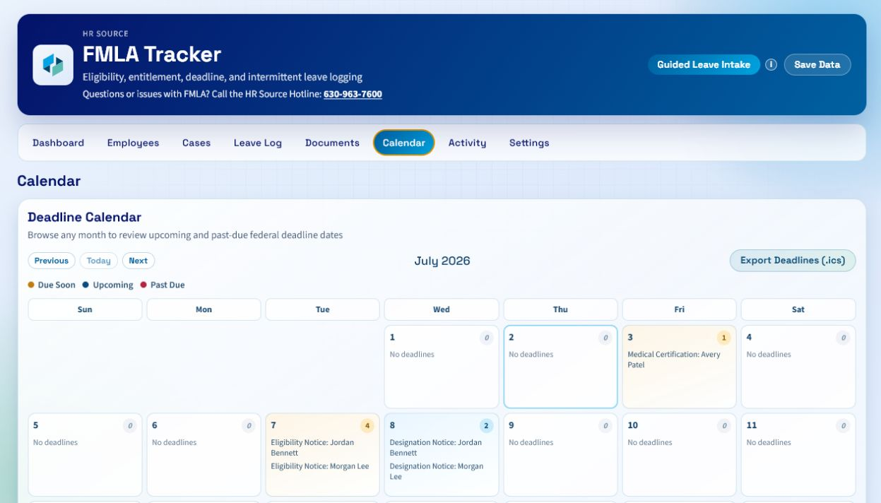 Deadline calendar showing FMLA notice and certification due dates